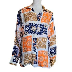 Vtg 70s Lana Mae Abstract Patchwork Button-Up‎ Shirt Long Sleeve Pattern